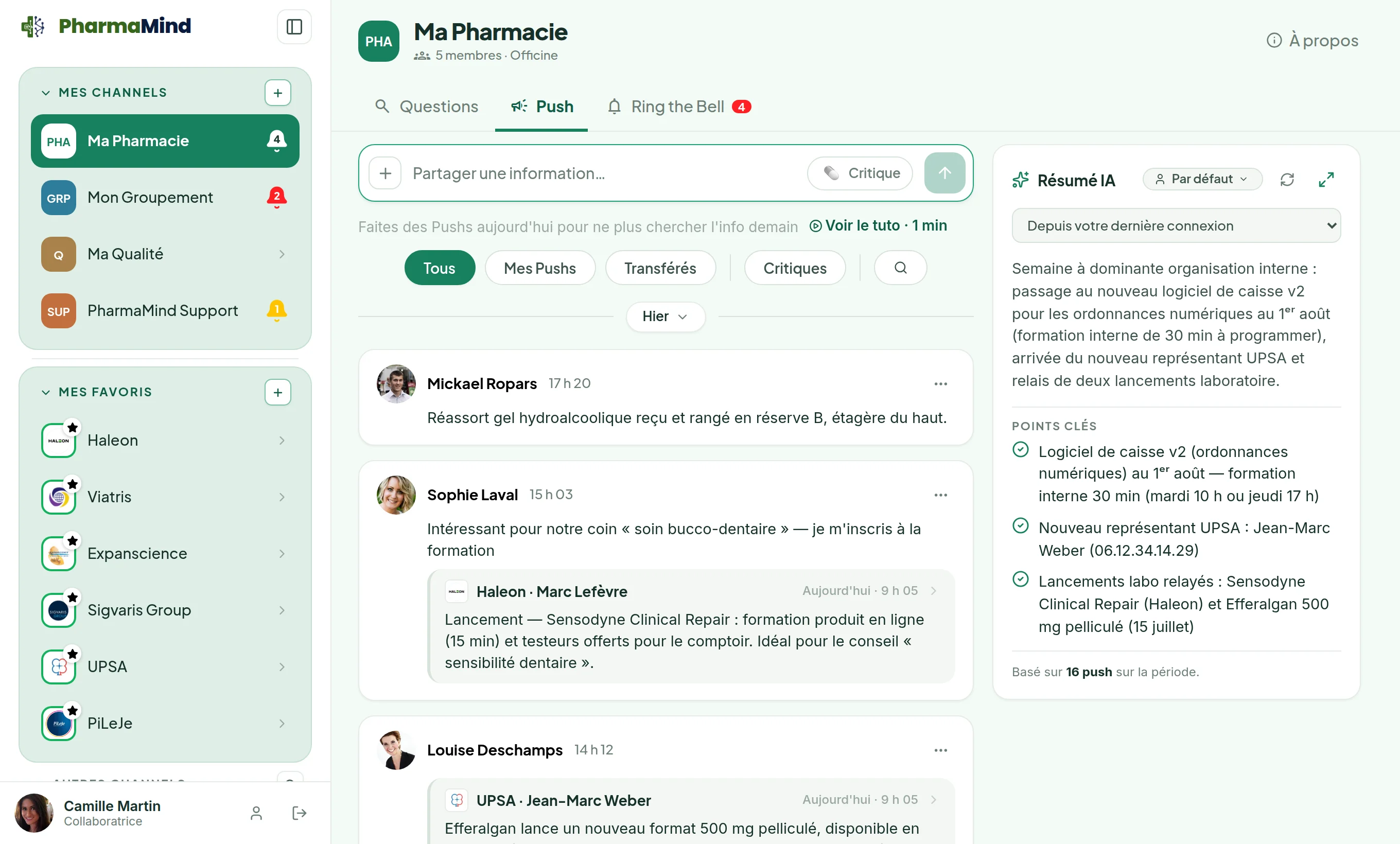 L'application PharmaMind : channels, fil Push de l'officine et Résumé IA
